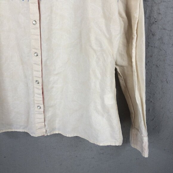 Wrangler Blues Top Womens Large Yellow Running Horses Pearl Snaps Cowboy Core - Picture 11 of 16